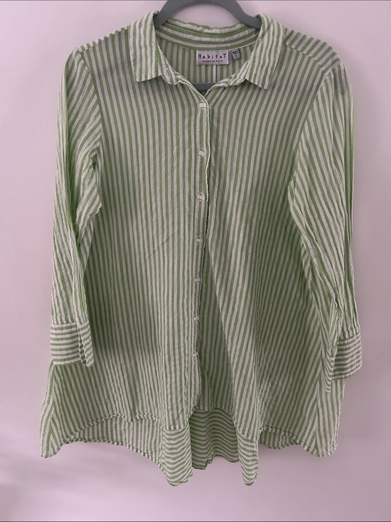 Habitat Tops - Habitat Cotton Button-Front Tunic Green/White Striped Lagenlook Coastal Small